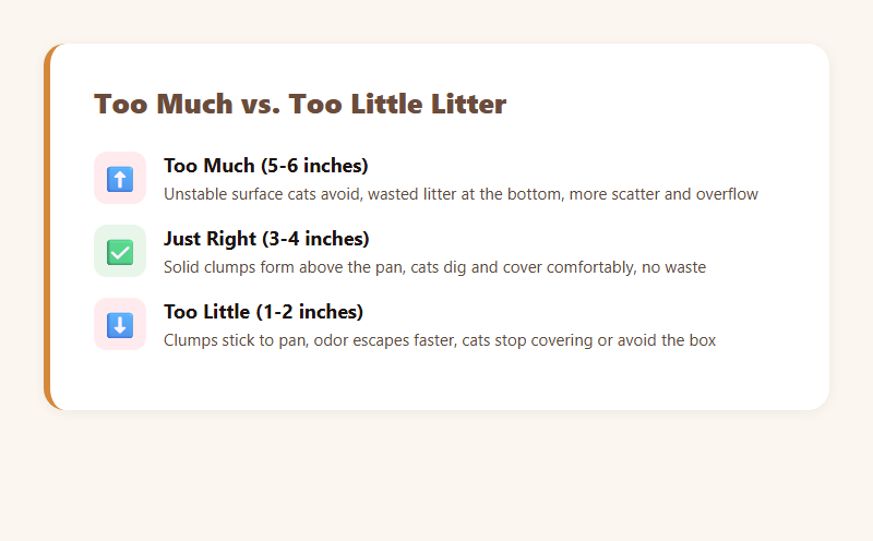 Comparison of too much, just right, and too little cat litter depth with consequences of each