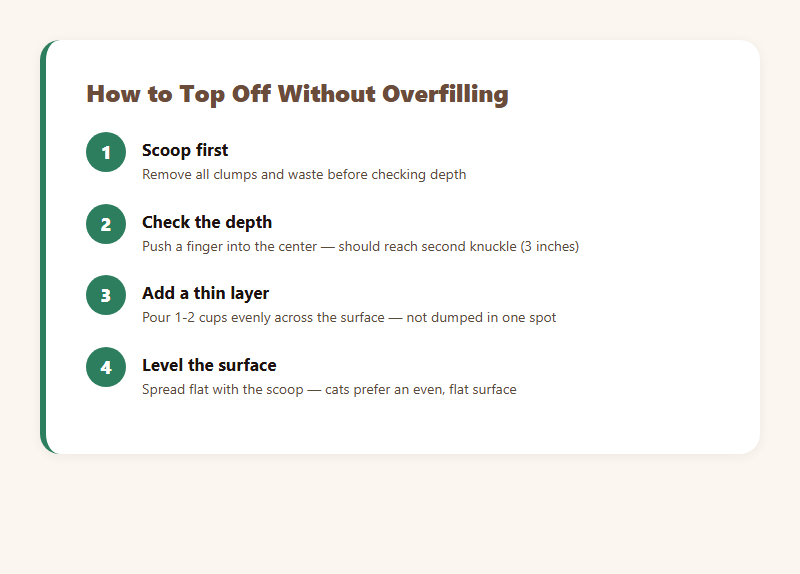 Four-step process for topping off cat litter: scoop, check depth, add a thin layer, level the surface