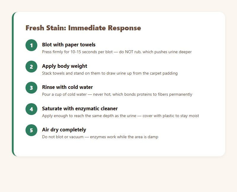 Five-step immediate response to fresh cat urine on carpet — blot, apply weight, cold rinse, enzymatic cleaner, air dry
