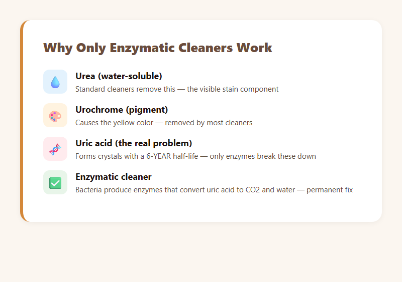 Why enzymatic cleaners work — urea, urochrome, and uric acid components of cat urine with treatment paths