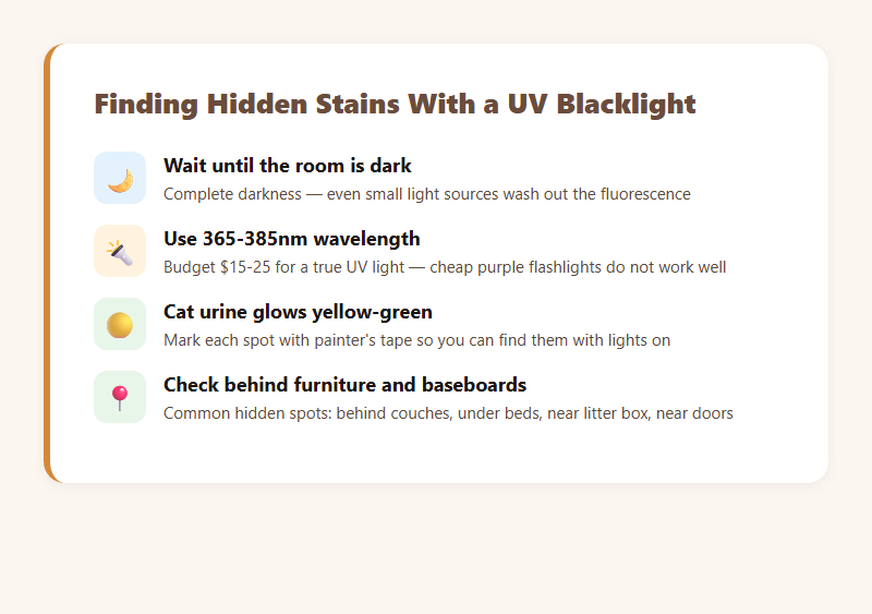How to find hidden cat urine stains with a UV blacklight — dark room, 365-385nm wavelength, yellow-green glow, common spots