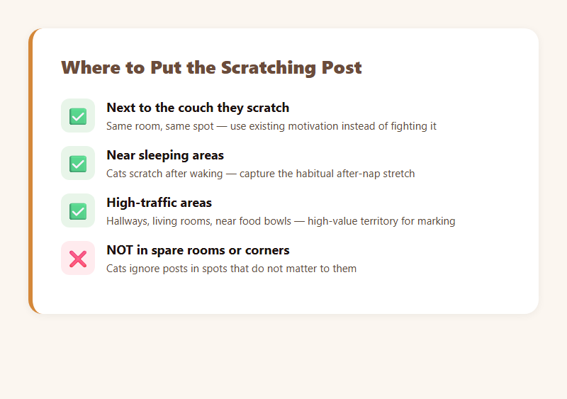 Where to put a scratching post — next to furniture, near sleeping areas, high-traffic zones, not in spare rooms