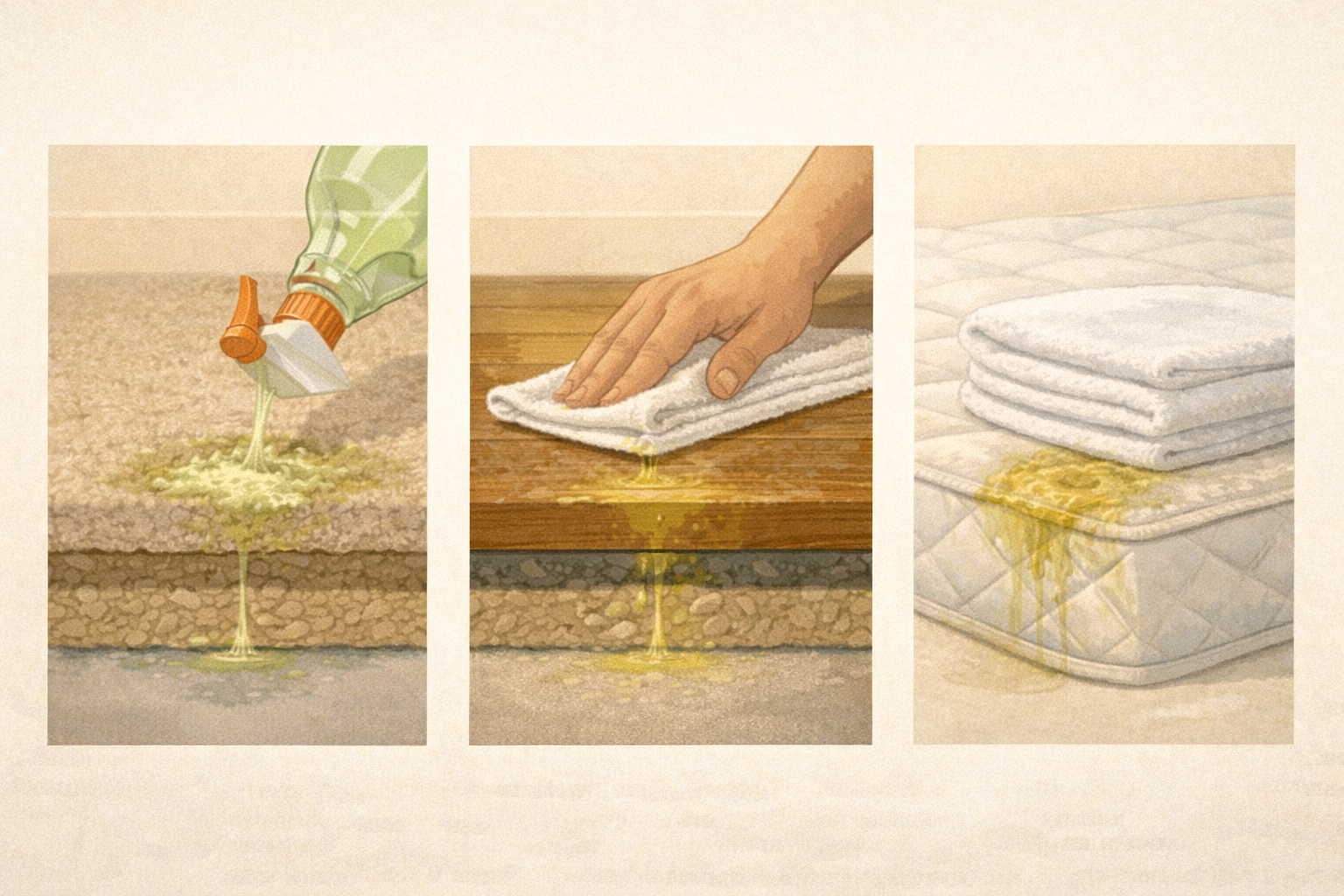 Cross-section comparison showing how cat urine penetrates carpet with padding, hardwood floor, and mattress foam differently