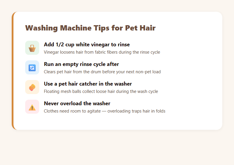Washing machine tips for pet hair — vinegar rinse, empty cycle, pet hair catcher, avoid overloading