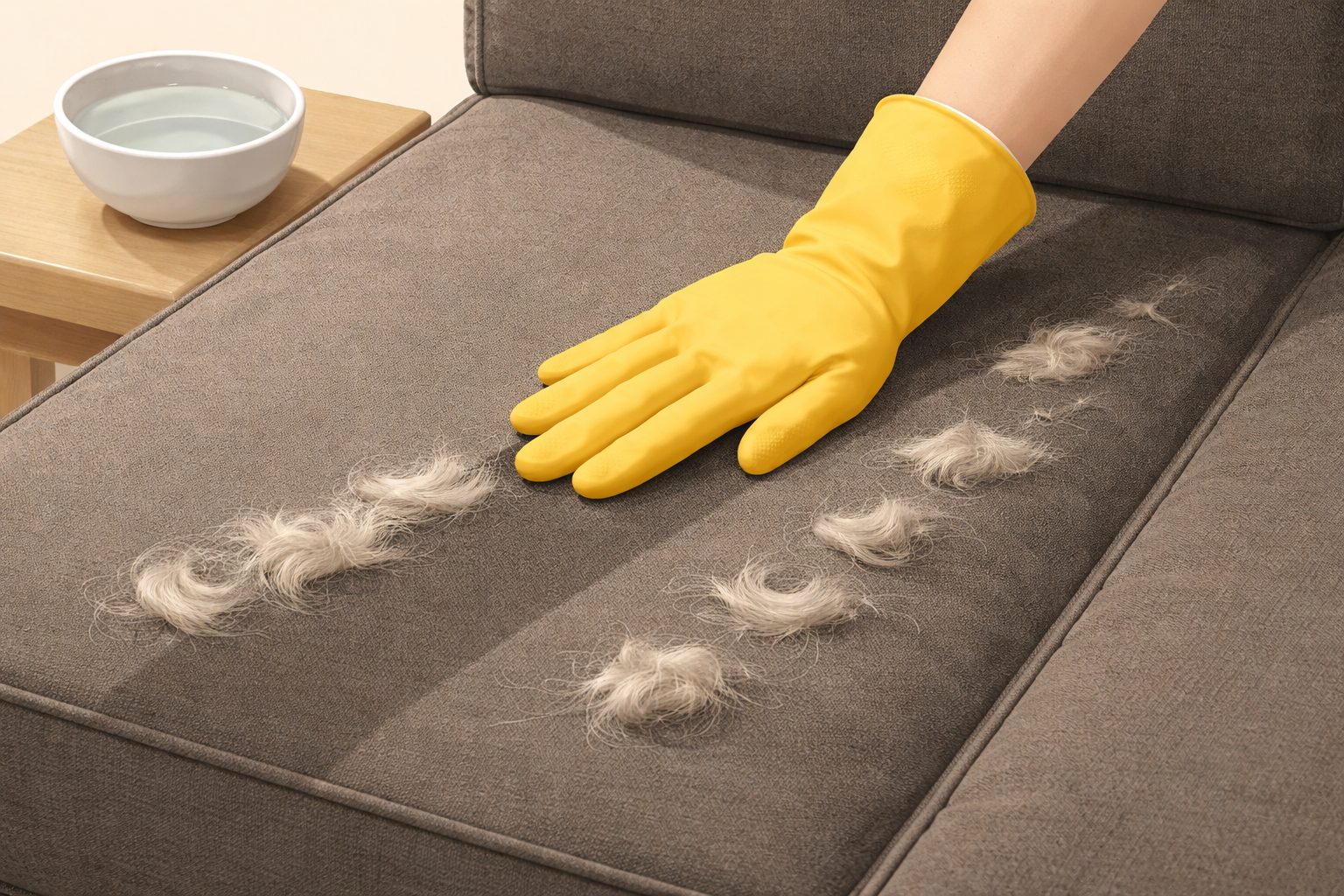 Four-step rubber glove method for removing pet hair from fabric furniture